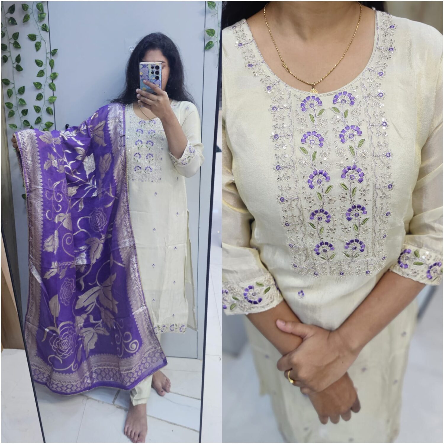 Roman Shimmer Cream Embroidery With Contrast Pattu Jacquard Dupatta – PMA159