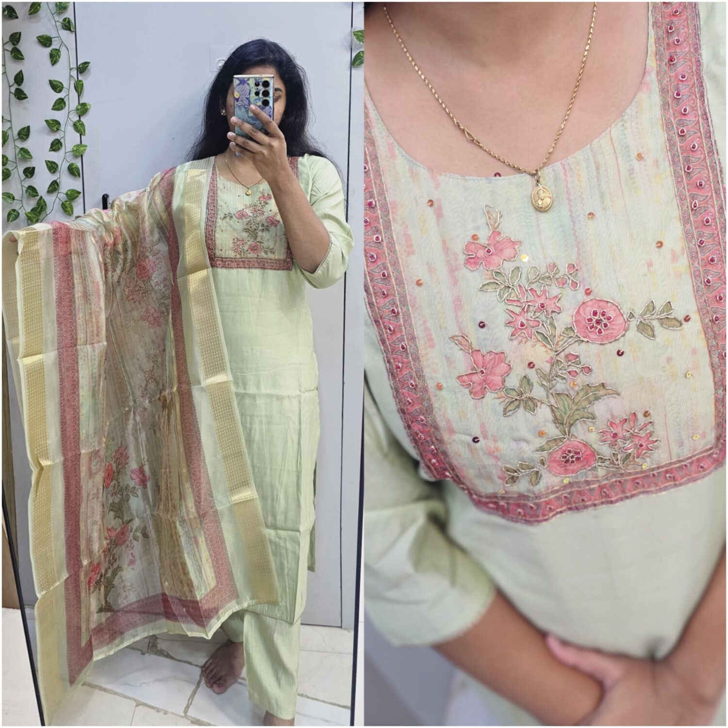 Roman Shimmer Pista Green Embroidery Kurta Set – PMA161