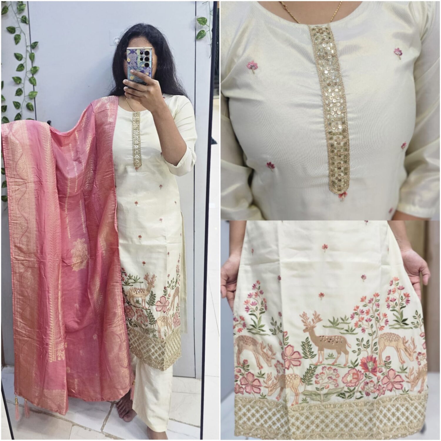 Roman Shimmer Cream Detailing Embroidery With Contrast Jacquard Dupatta – PMA160