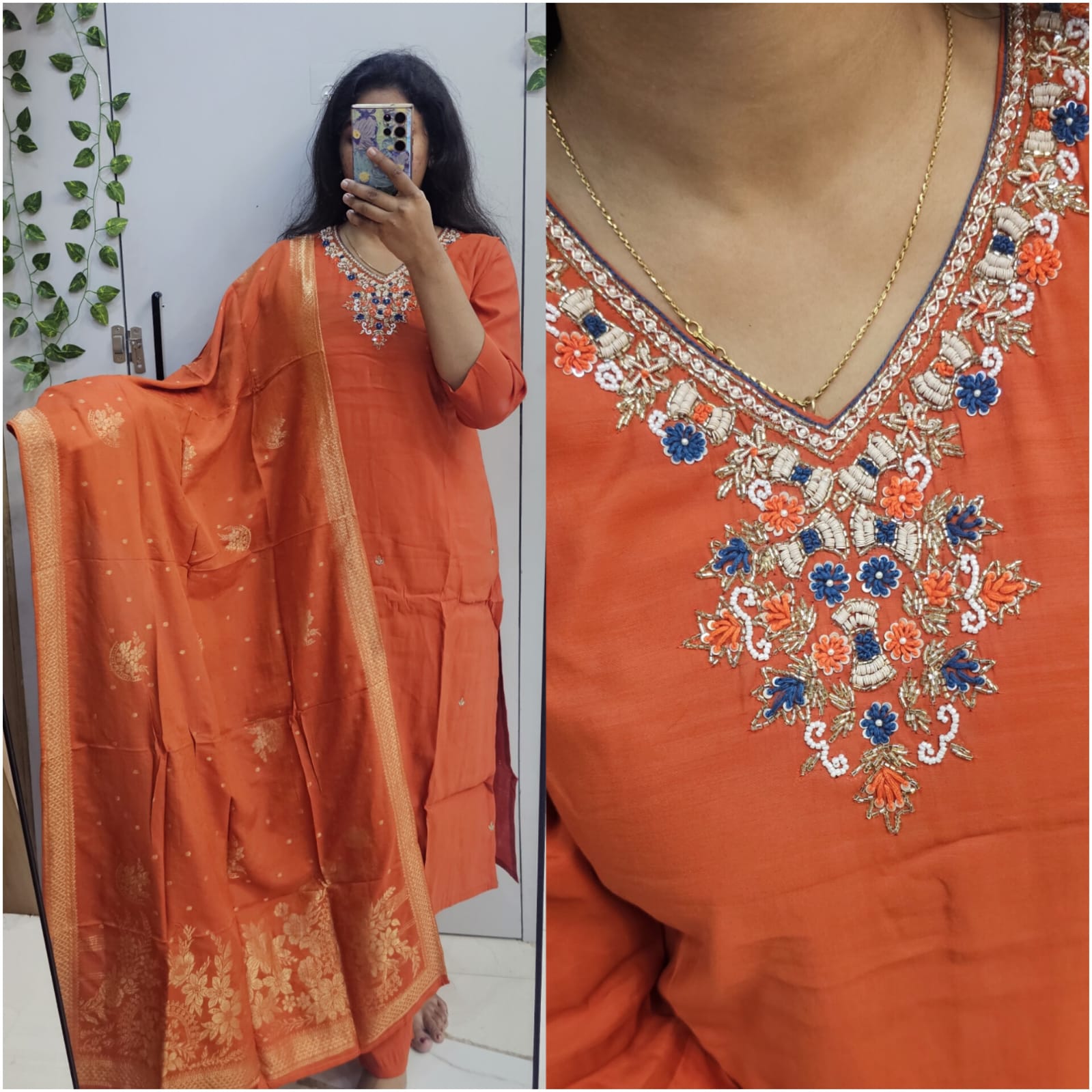 orange Roman Slik Embroidery with Jacqurd duppta(prefer next size)