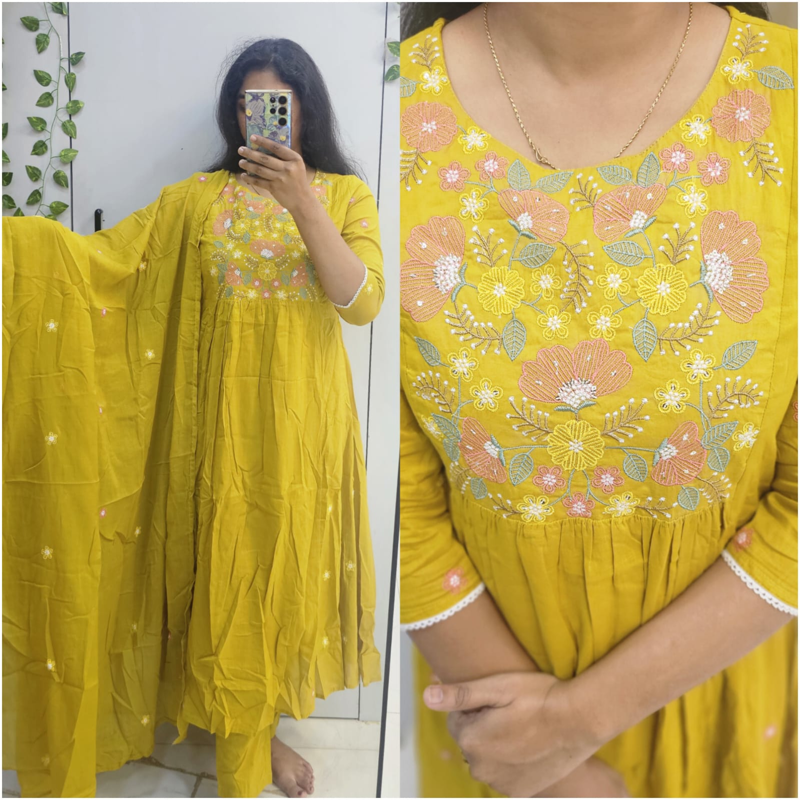 yellow mul coton anarkali thread embroidery kurth set