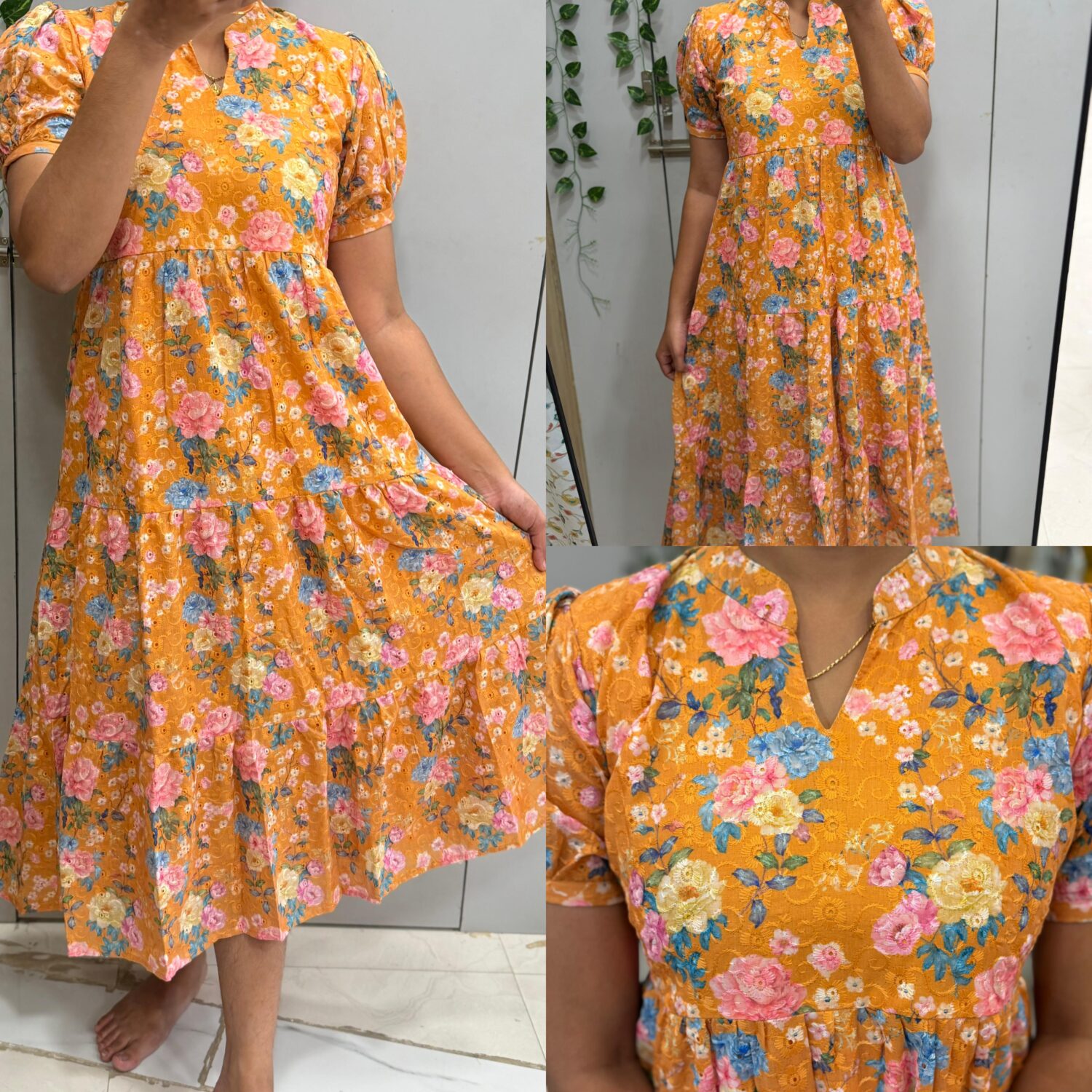 Pure Hakoba Frock Floral Yellow collar (With Lining) – PMA209