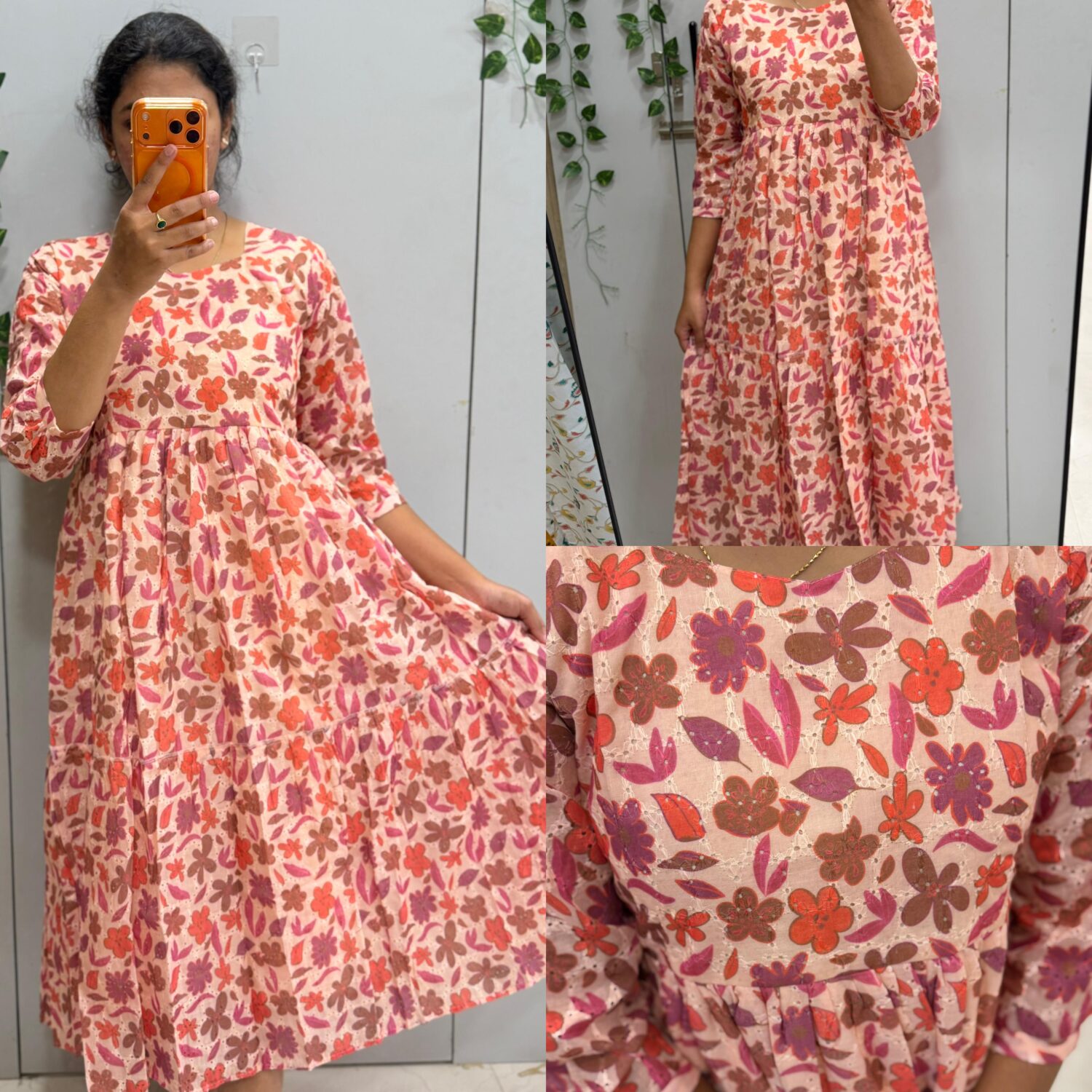 Pure Hakoba Frock Floral Print Orange Base (With Lining) – PMA207