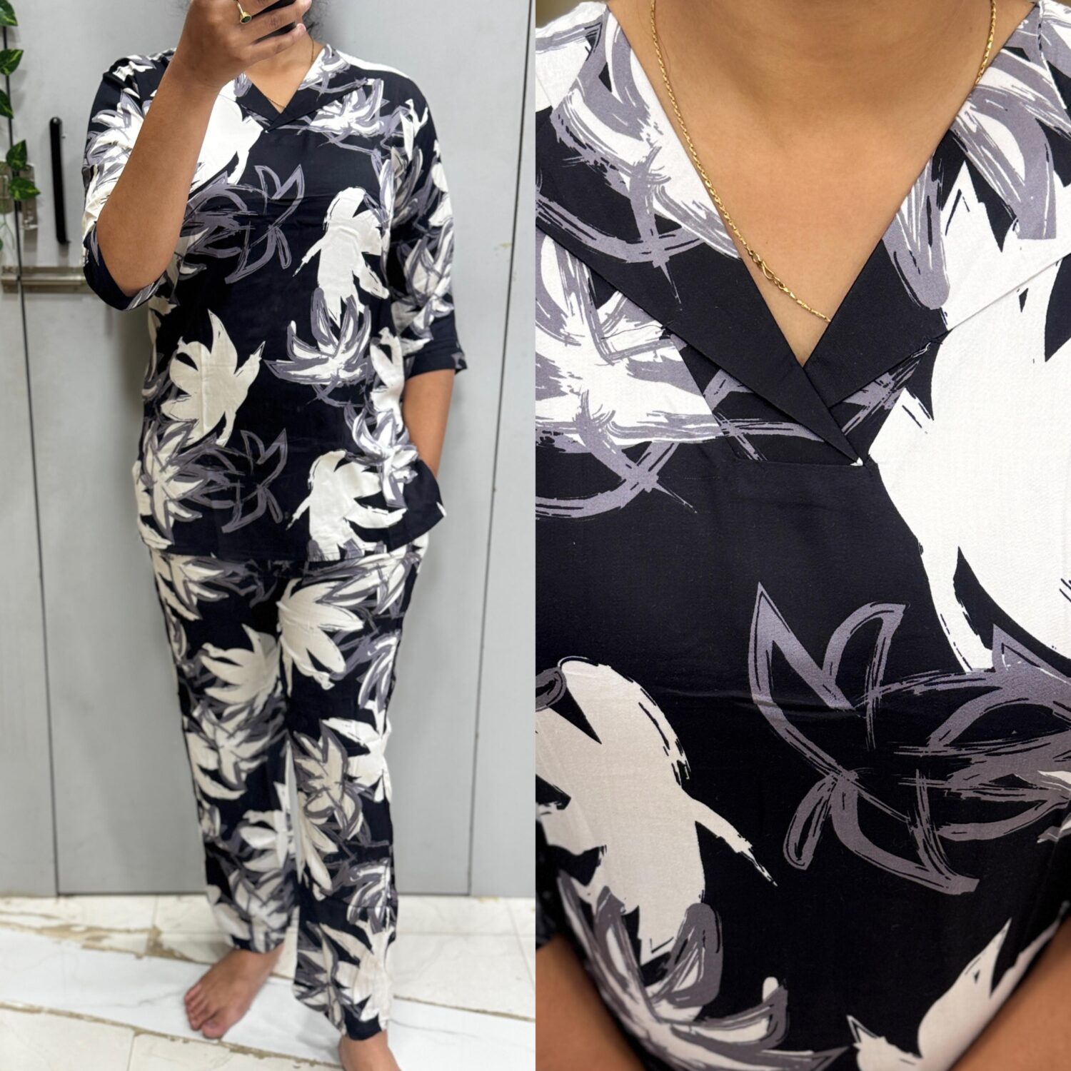 Black & White Cotton Fabric Night Suit(2pc – Prefer Next Size) – PMA243