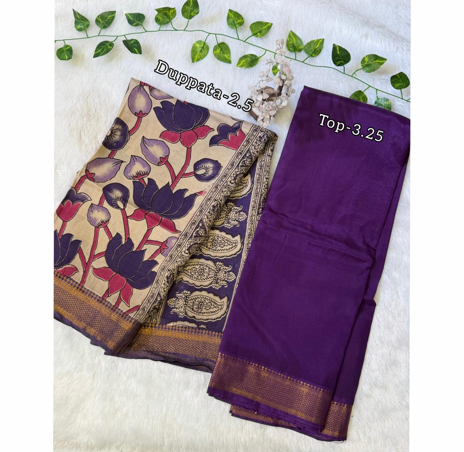 Violet Handloom Slik (3.25 m) with Kalamkari Dupatta (2.5m) Dress Material – PMK10