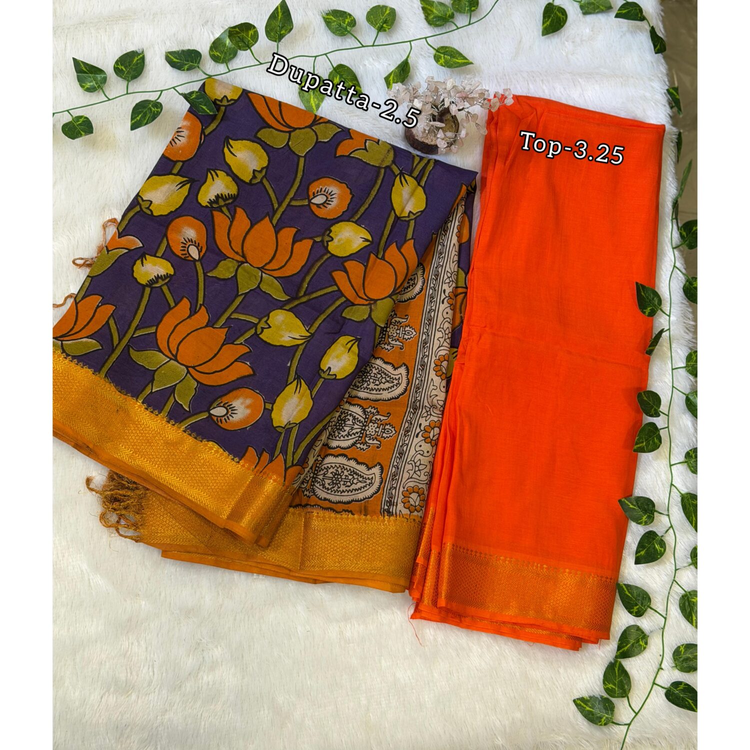 Orange Handloom Slik (3.25 m) with Kalamkari Dupatta (2.5m) Dress Material – PMK6