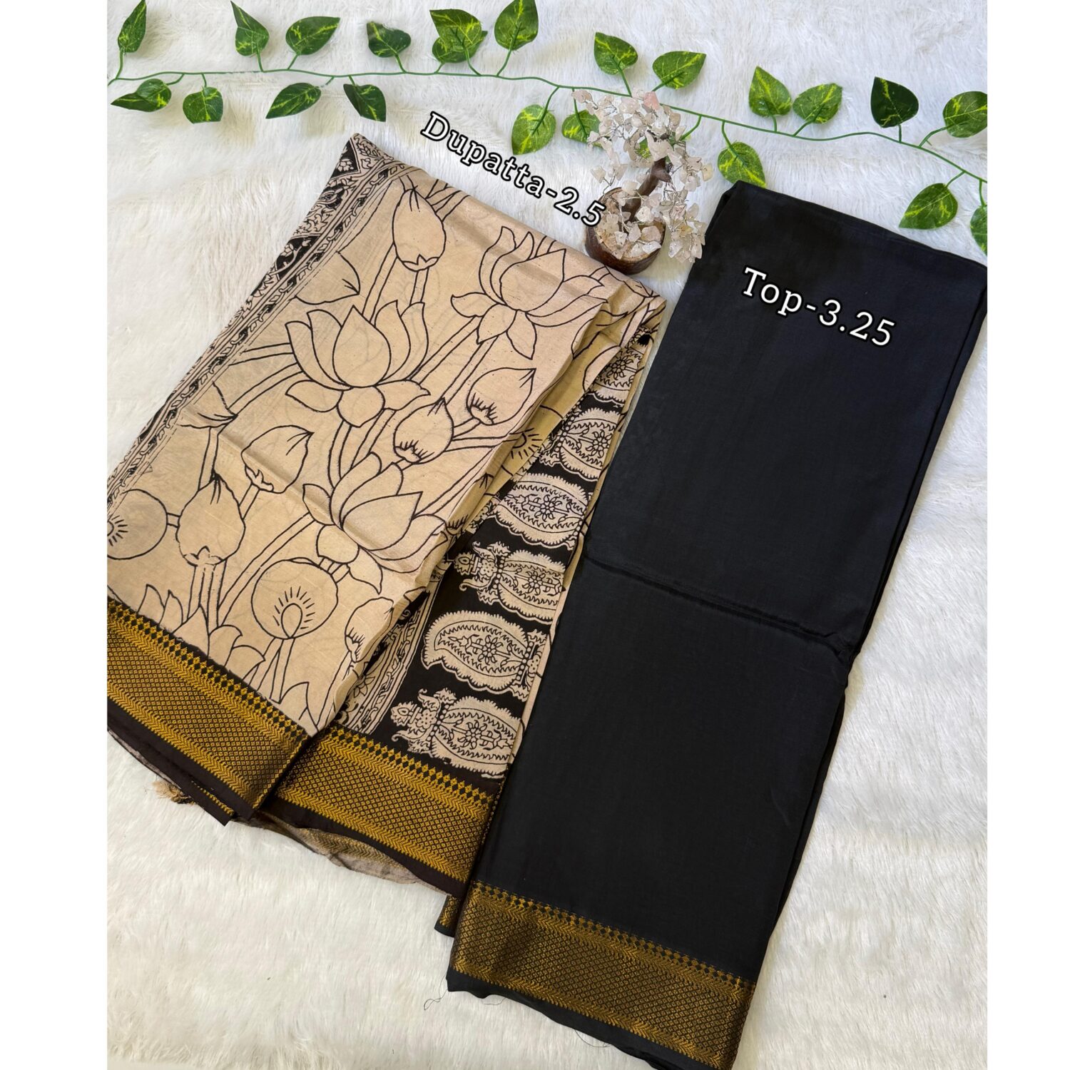 Black Handloom Slik (3.25 m) with Kalamkari Dupatta (2.5m) Dress Material – PMK9