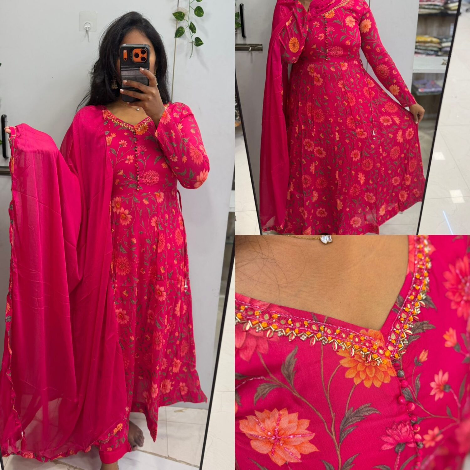 Pink Chinon Handwork wt Floral Print Anarkali Kurta Set PREMIUM- PMA268