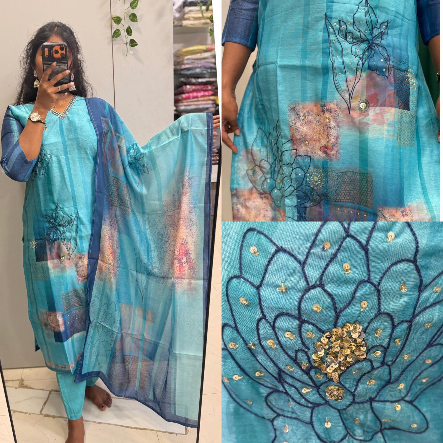 Muslin sea green blue handwork 3pc kurta set- PREMIUM  – PMA311