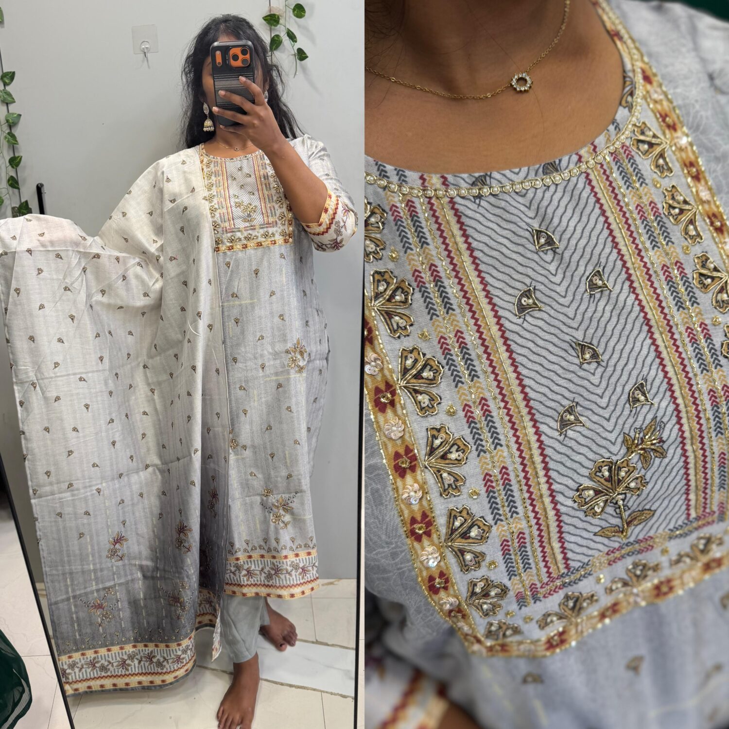 Grey Vichitra silk handwork 3pc kurta set- PREMIUM  – PMA312