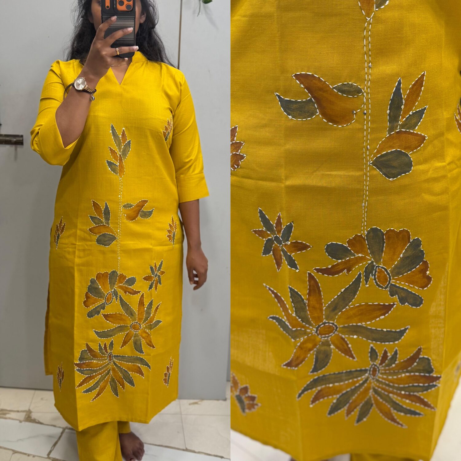 Yellow pure handwork embroidery 2pc kurta set- PREMIUM  – PMA314