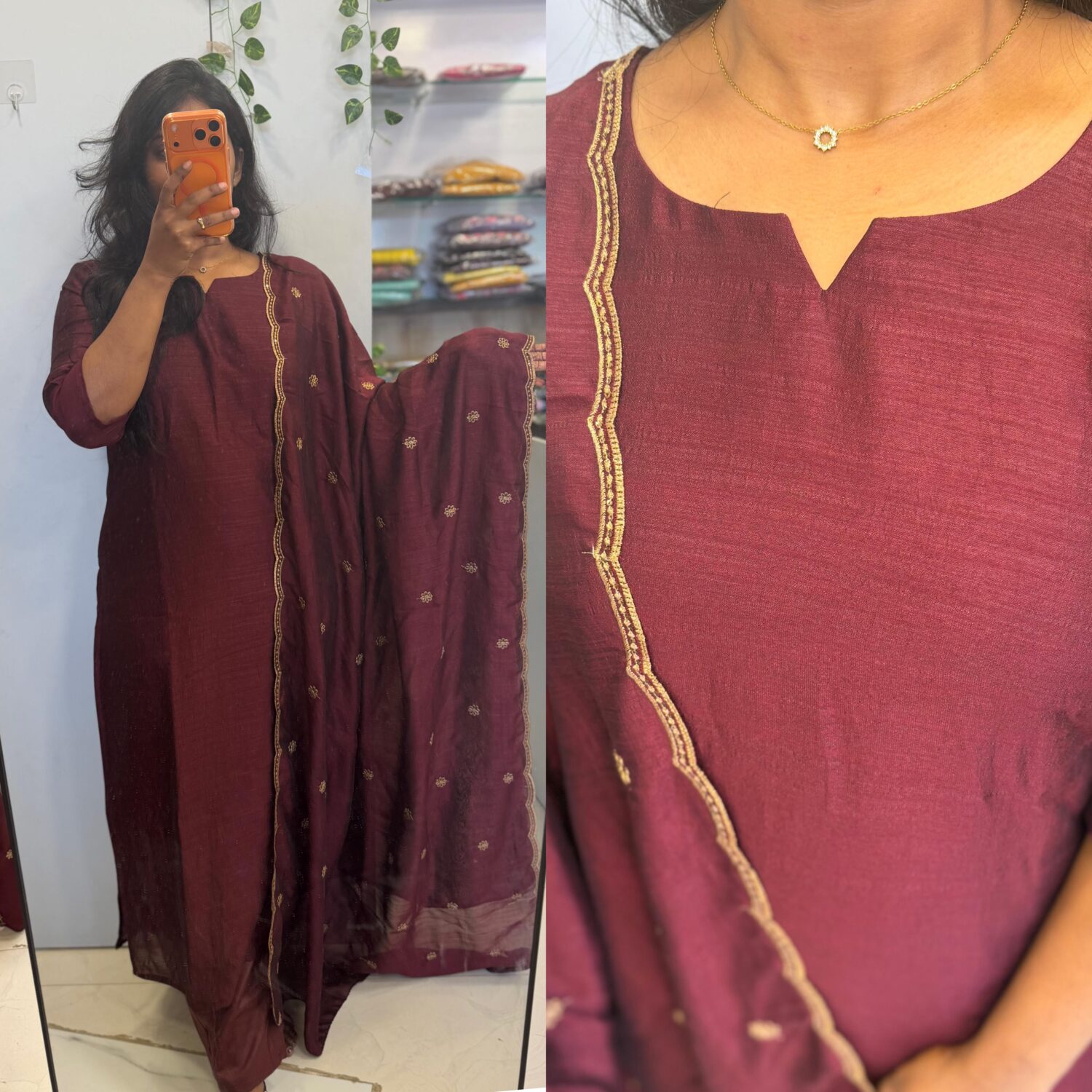 Marron Silk Tassar thread embroidery dupatta kurta set – PMA326