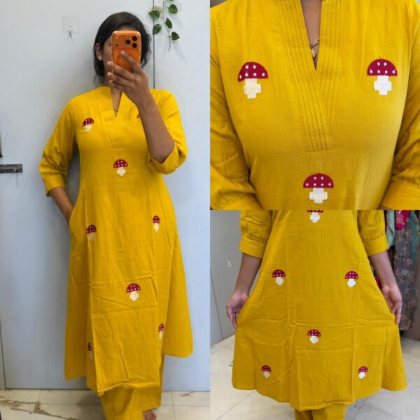 Haldi yellow flex cotton thread embroidery 2pc kurta set  - PMA349