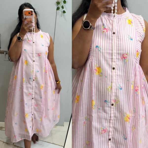 Baby Pink Mul Chanderi Floral Print Frock (Attached Sleeves) - PMA375