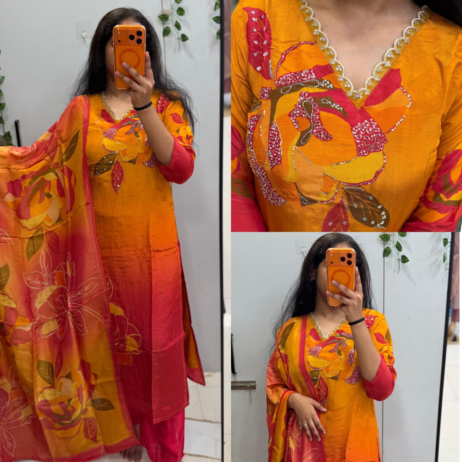 Mustrad Yellow-Red Pure Viscose Shimmer Beats Embroidery 3pc Kurta Set  – PMA384