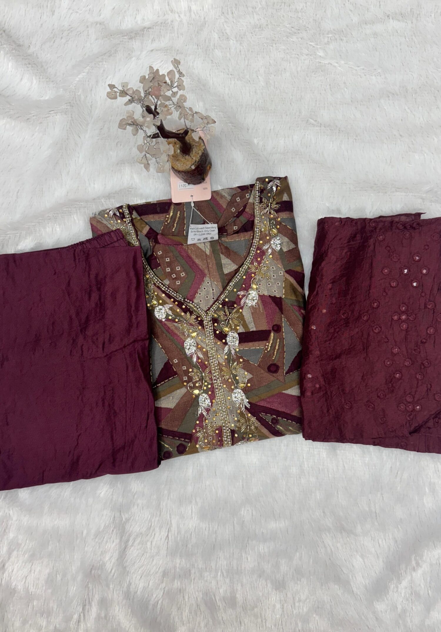 Chocolate Brown Roman silk Embroidery 3pc kurta set – PMA409