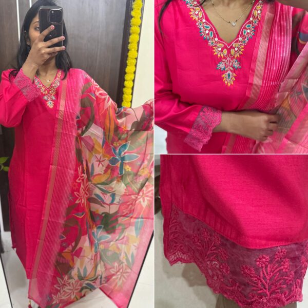 Rani Pink Viscose Embroidery 3pc kurta set ( Plus Size )  - PMA430