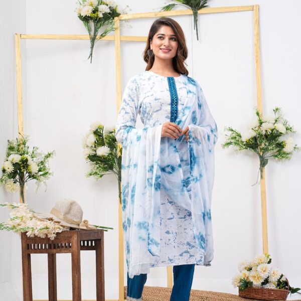 White-Blue Cotton Embroidery 3pc kurta set ( Plus Size )  - PMA429