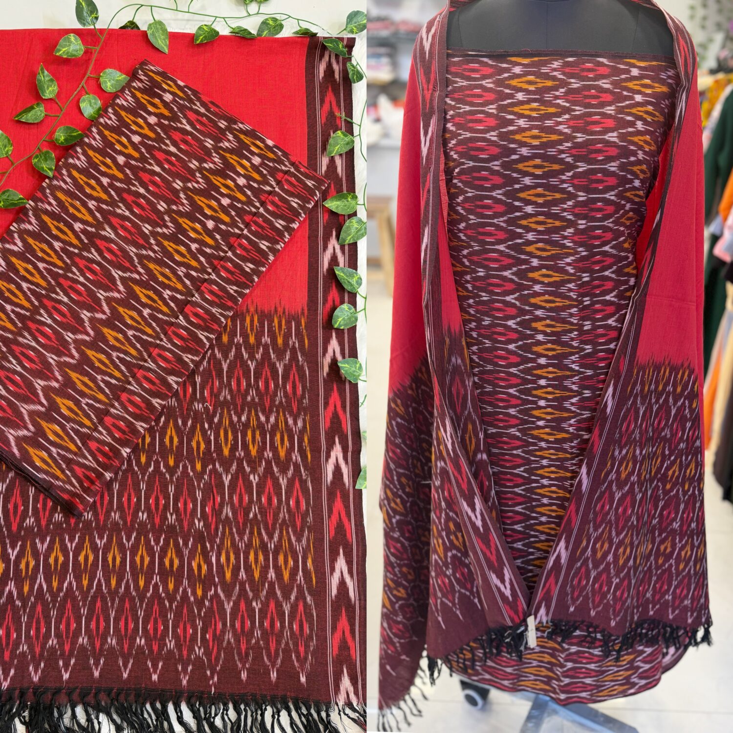 Maroon Cotton Ikkat Top Dupatta 3pc Dress material (Each 2.5m) – PMK36