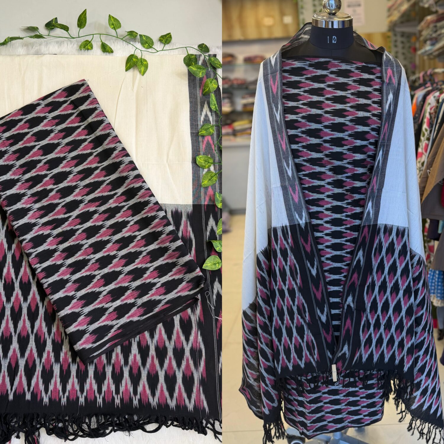Black-pink cotton Ikkat Top Dupatta 3pc Dress material (Each 2.5m) – PMK40