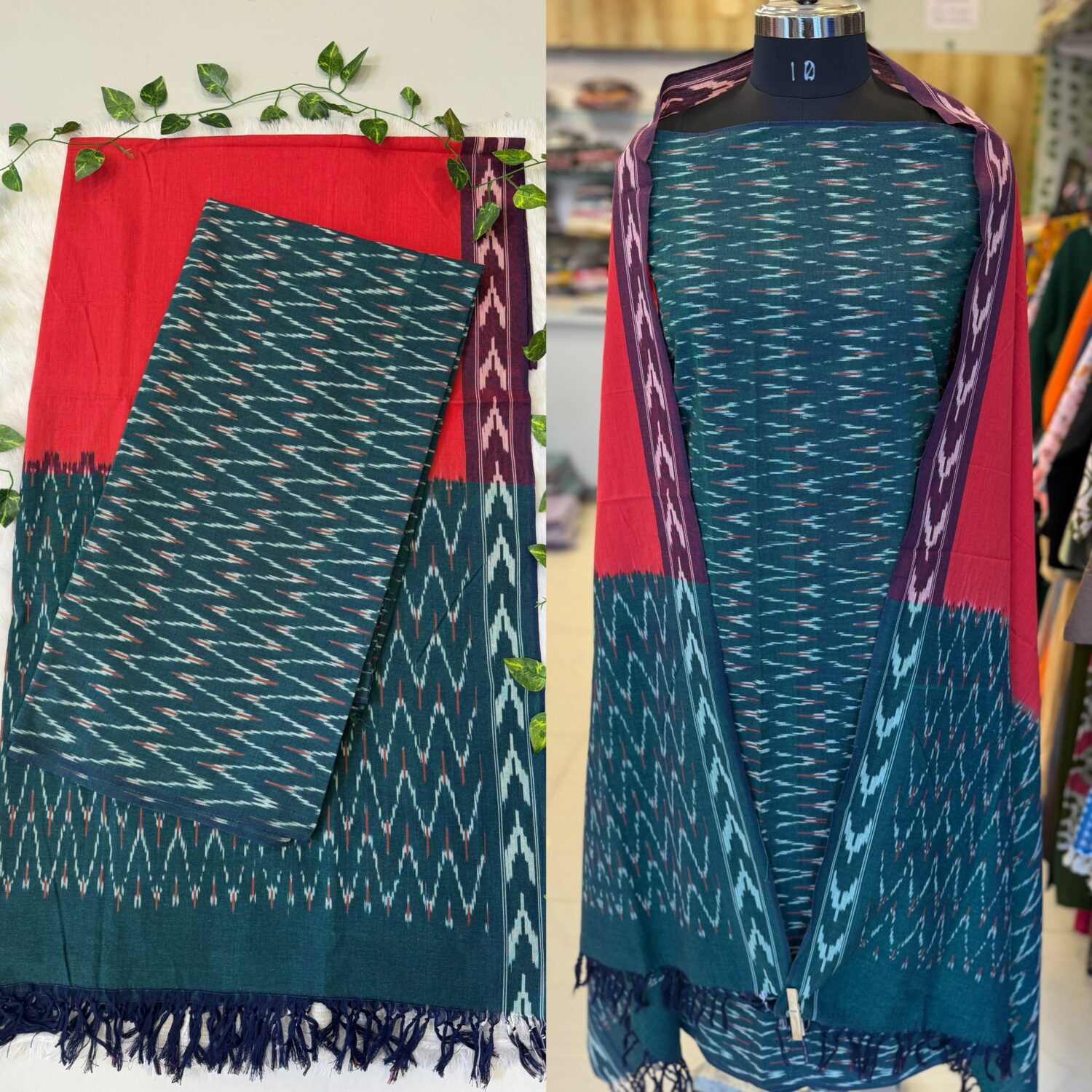 Green cotton Ikkat Top Dupatta 3pc Dress material (Each 2.5m) – PMK42