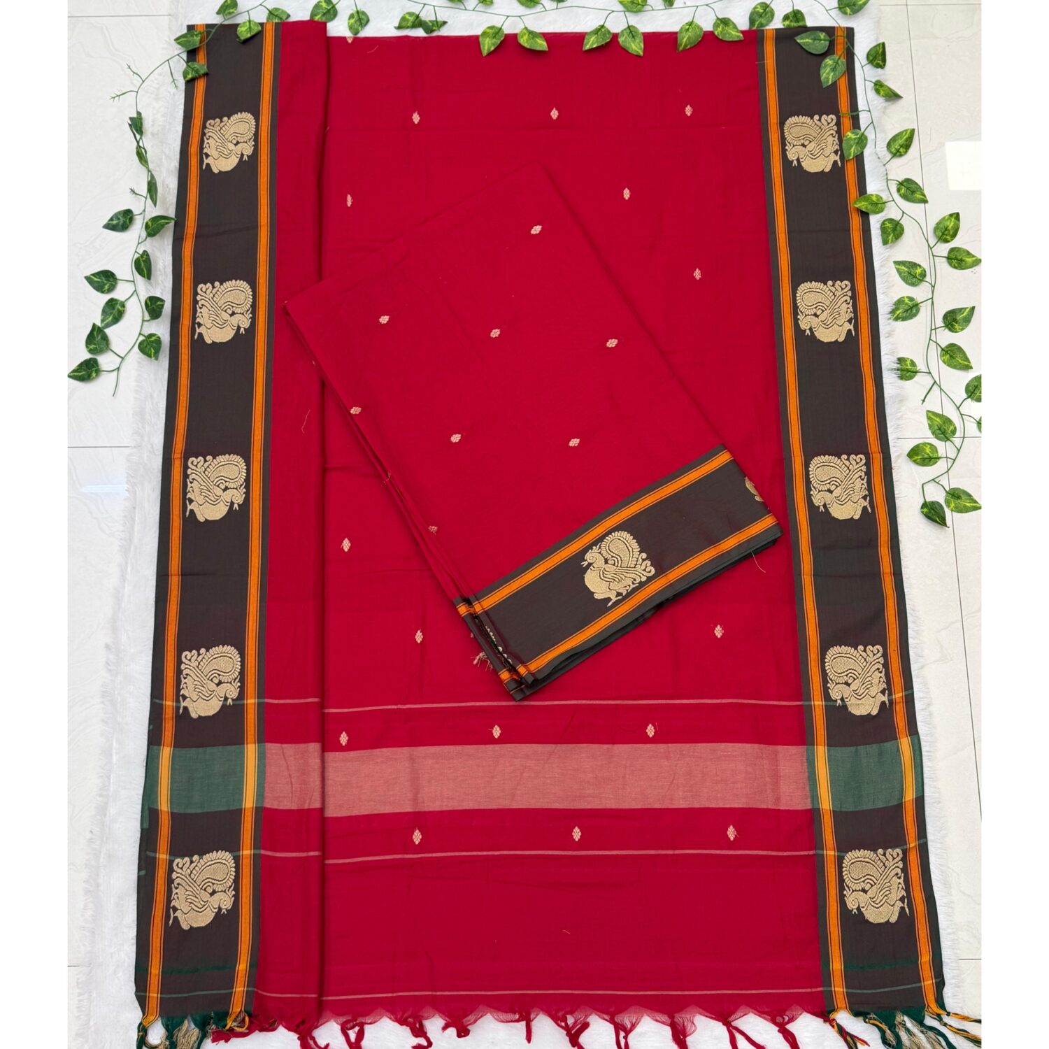 Red Pure Narayanapet Ankita Butta Top & Bottom(4.5mts) Dupatta (2.5mts) Unstitched Dress material  – PMK50