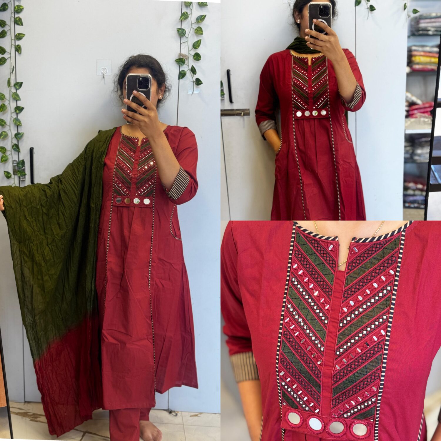 Red&Black Flex Cotton Mirror Embroidery 3pc Kurta set (Prefer Next size)  – PMA467