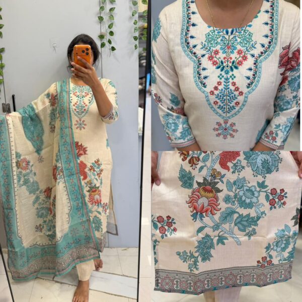 Cream Lenin with Rama floral design 3pc kurta set - PMA515