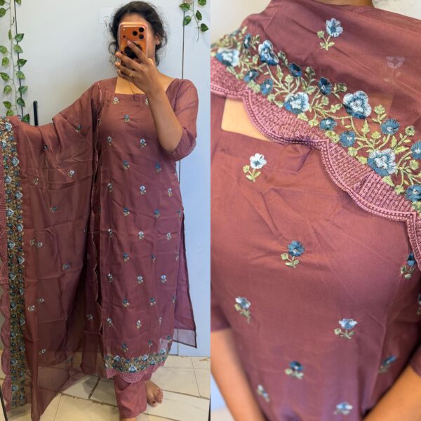 Light Wine Chiffon thread Embroidery Lays work  Dupatta 3PC kurta set - PMA548