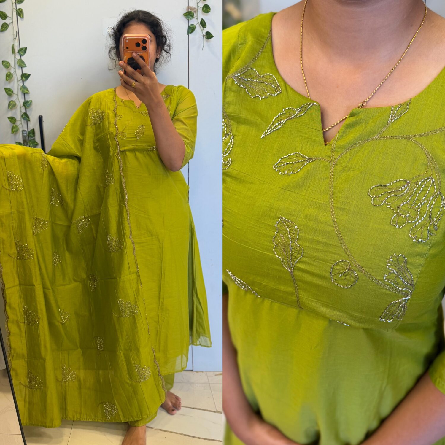 Green Mul Chanderi Beats Embroidery 3PC kurta set – PMA547