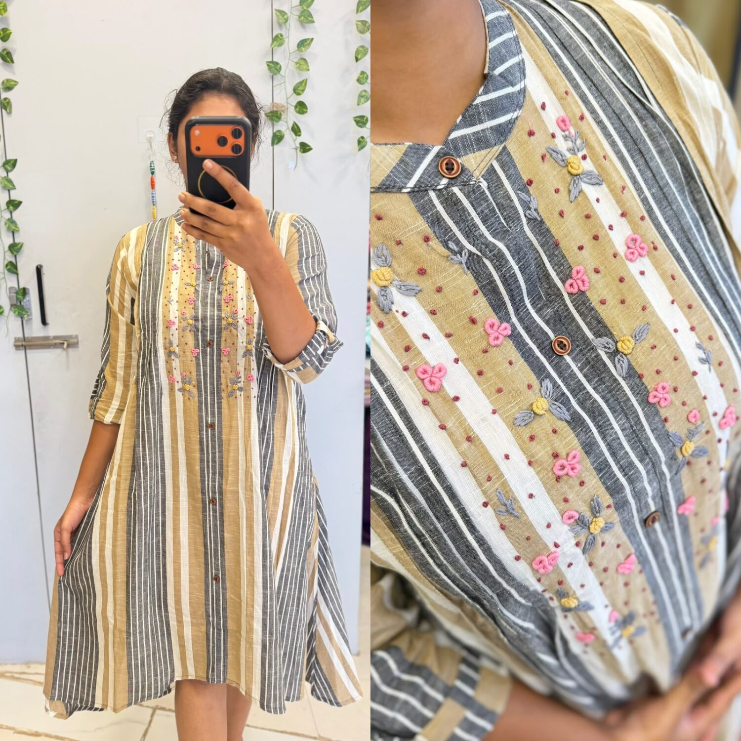 Grey white A-line Dress thread work  – PMA688
