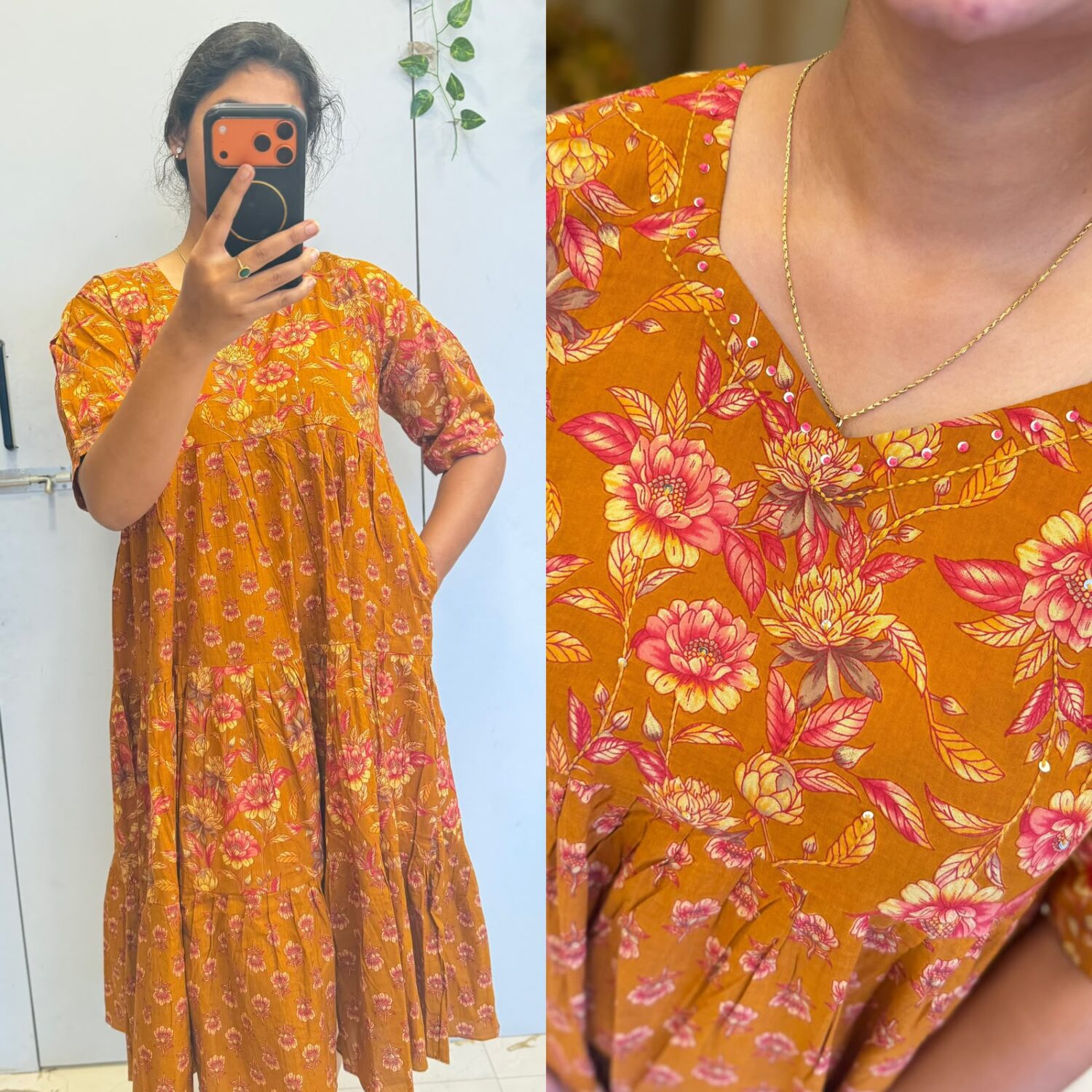 Brick cotton kantha floral print Dress – PMA692